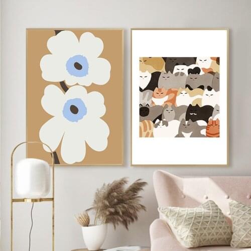 Fashion Cat Flower With Simple Wall Art Canvas Painting Nordic Posters And Prints Wall Pictures For Living Room Decor