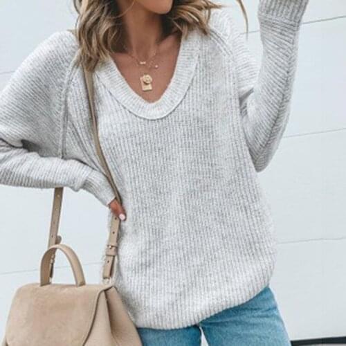 Umeko Fashion Autumn V-neck Long Sleeve Sweater Womens Woven Pure Color Wild Warm Loose Casual Sweater Multicolor Ladies Top