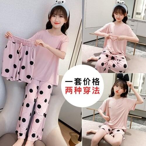 Girls Soft Comfortable Pajamas Thin Home Wear Summer 2021 New Casual Loose Tops + Shorts + Long Pants 3 Pieces Sets