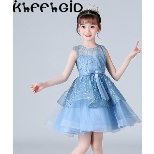 New stage show evening dress cotton sleeveless Princess lace girl blue exotic flower Bridesmaid Dress 4-12 years old piano perfo