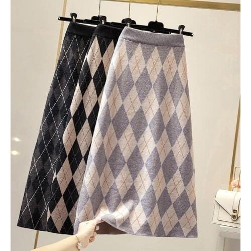 Autumn Winter Knitting Plaid Midi Skirts Women High Waist A-line Skirt Ladies Plus Size Vintage Long Skirt Jupe Femme Streetwear