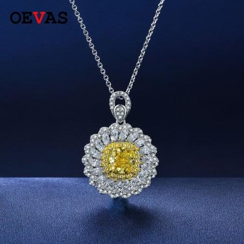 OEVAS 100% 925 Sterling Silver Sparkling 7*7mm Yellow High Carbon Diamond Flower Pendant Necklace For Women Party Fine Jewelry