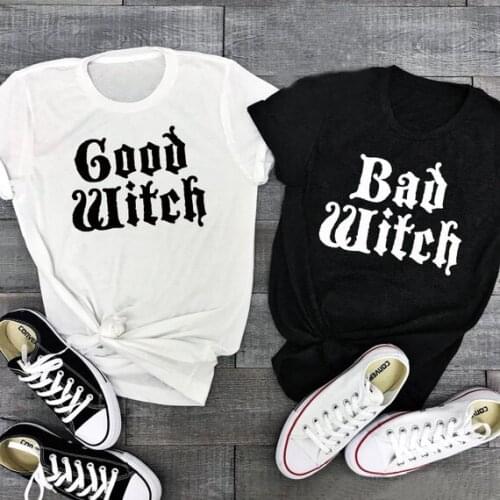 Funny Halloween Shirt Good Witch Bad Witch Couple T-Shirt Femme Casual Best Friend Halloween Letter Printed Tops Slogan Crewneck