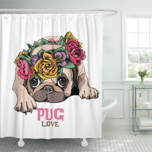 Pink Bulldog Pug Puppy in Bright Floral Head Wreath Shower Curtain Waterproof Polyester Fabric 72 x 72 Inches with Hooks