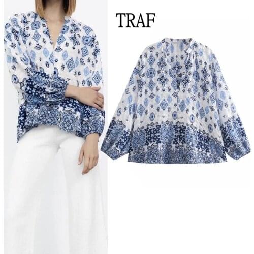 TRAF Za Top Women Blouses 2021 Autumn Womens Shirt Long Sleeve Print Vintage Top Woman Buttons Loose Oversize Shirt Tops Chic