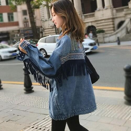 2020 New Spring Autumn Women Denim Jacket vintage Floral Embroidery Suede Loose Jeans Coat Long Sleeve Outerwear Female B288