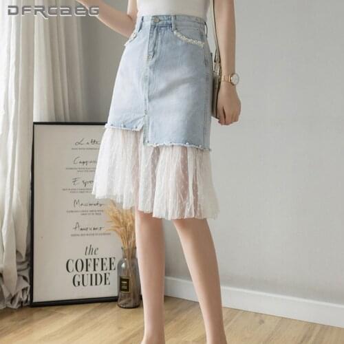 Tulle Mesh Patchwork Midi Jean Skirt With Diamond 2021 High Waist Summer Casual Slim Women Denim Skirts Ligh Blue