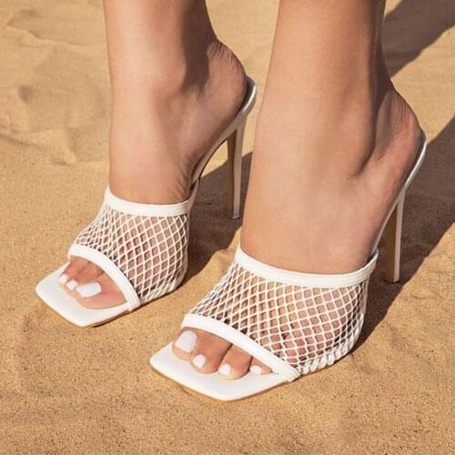 New Sexy PU Square head Peep Toe High Heel Mesh Slippers Summer Fashion Slip On Thin Heels Slides Women Mules Party Plus Size 42