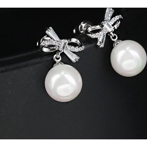 LADYCHIC High Quality Bowknot Earrings for Women Girls Trendy Cute Pearl Silver Color Earring Shining Crystal Jewelry LE1448