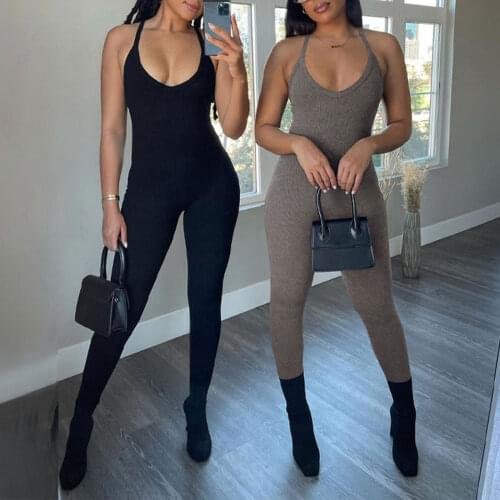 Women Ribbed Knit Jumpsuit, Adults Summer Sleeveless Criss-cross Spaghetti Strap V-Neck Yoga Jumpsuit