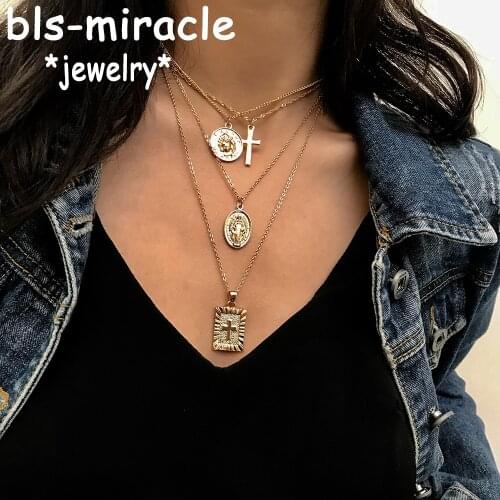 Boho Virgin Mary Cross Pendant Choker Necklaces For Women Square Iron Portrait Coin Multi-layer Long Necklace Statement Jewelry