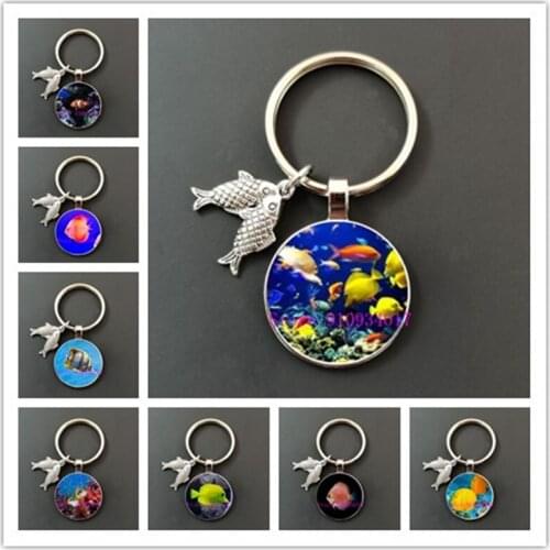 2021 new fashion fish keychain handmade glass dome goldfish key ring art photo pendant jewelry ladies keychain girl decoration
