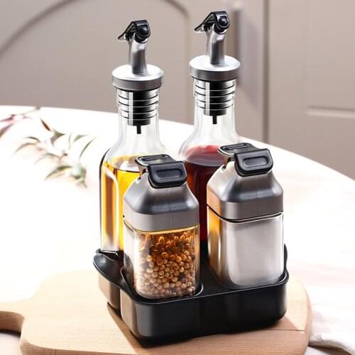 5pcs/set Glass Kitchen Seasoning Oil Bottles Jars Boxes Spice Condiment Cuisine Storage Organizer Home Organization Accessories