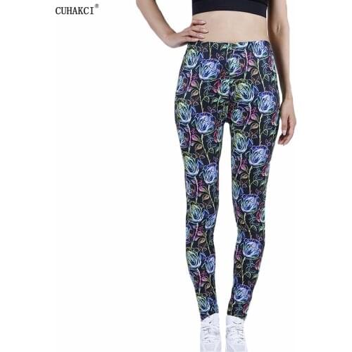 CUHAKCI NEW Rose Fluorescence Floral Printed Pants Women Sexy Elastic Athletic Gym Leggings Ladies Tight Sports Running Workout