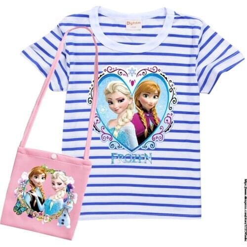 Disney Frozen Elsa Summer Stripe Cotton T Shirt +bag Kids Girls Cartoon Print Short Sleeve Tops Tees Baby Child Fashion Clothes