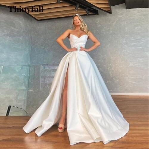 Royal Sleeveless Long A Line Bohemian Wedding Dresses Side Slit Sweetheart Satin Beach Mariage Gowns Bodice Country Vestido Boda