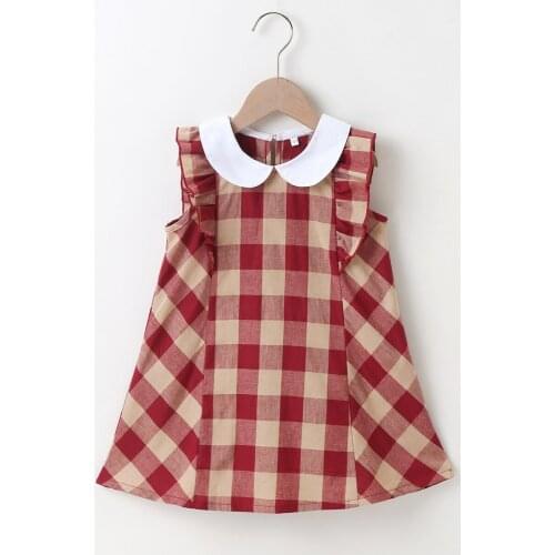 FOCUSNORM 2 Colors Summer Lovely Kids Girls Dress Plaid Printed Sleeveless Peter Pan Collar A-Line Sundress 2-7Y