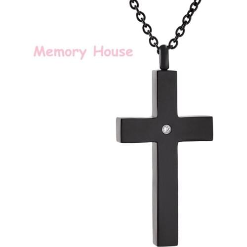 IJD9848 Inlay Zircon Black Plain Cross Memorial Necklace For Ashes Mens Keepsake Jewelry Cremation Urn Pendant - Stainless Steel