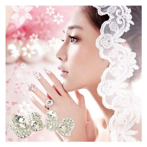 24pcs/set Bride Artificial 3D False Nails, Wedding French Diamond Finger Fake Nail Tips