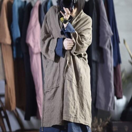 Johnature Cotton Linen Lace Up Solid Color Retro Patchwork Long Sleeve Coats 2021 Autumn New Loose Women Windbreaker