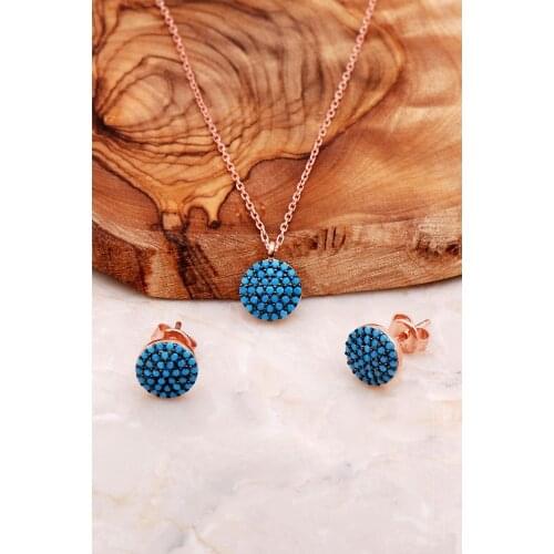 Natural Turquoise Stone Rose Gold 925 Silver Set Necklace Earrings Elegant Diamond Fashion Jewelry Pendants 2021 Birthday Gift