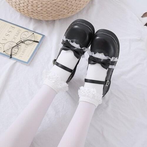 Japanese Anime Lolita Leather Shoe For Girls Woman Mary Jane Bowknot Flat Shoes JK Style Round Head Beige Black