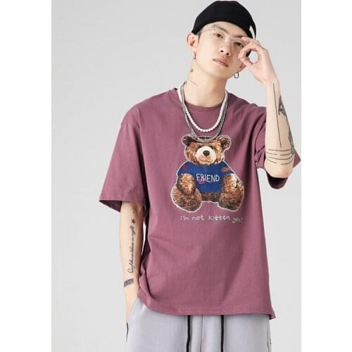 Summer Cotton Mens Graphic T Shirts Unisex Loose Tshirt Anime Bear Printing Cartoon Clothes Streetwear Plus Size Women Soft Tee