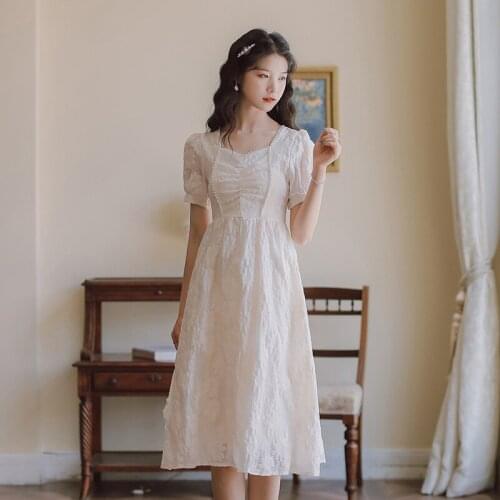 Sweet Fresh Beading Slim Waist Puff Sleeve Dresses for Women Elegant Floral Pleated Woman Dress French Vintage Vestido Feminino