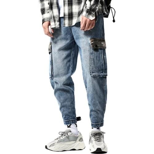 Fashion Men Baggy Hip Hop Cargo Jeans Camo Multi Pockets Cuffed Harem Denim Pants Joggers Trousers Loose Fit Washed For Male
