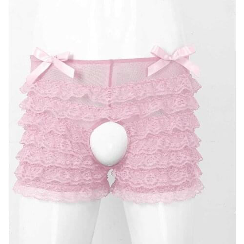 Men Sissy Panties Sexy Gay Floral Lace Boxer Shorts Lingerie Open Croch Underwear Frilly Ruffled Layered Lace Male Erotic Briefs