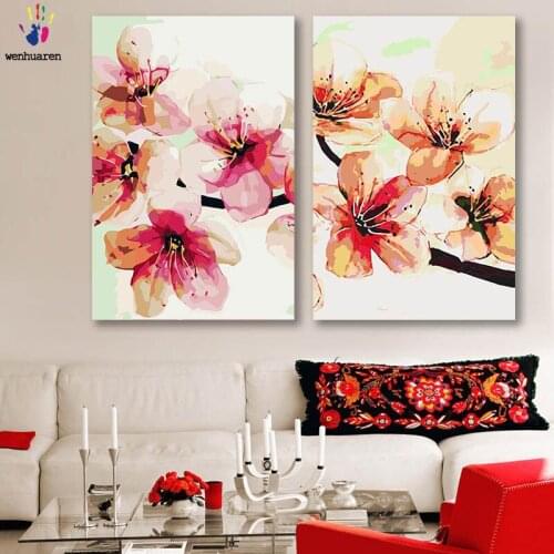 DIY colorings pictures by numbers with colors peach blossom picture drawing painting by numbers framed Home decor Two pieces