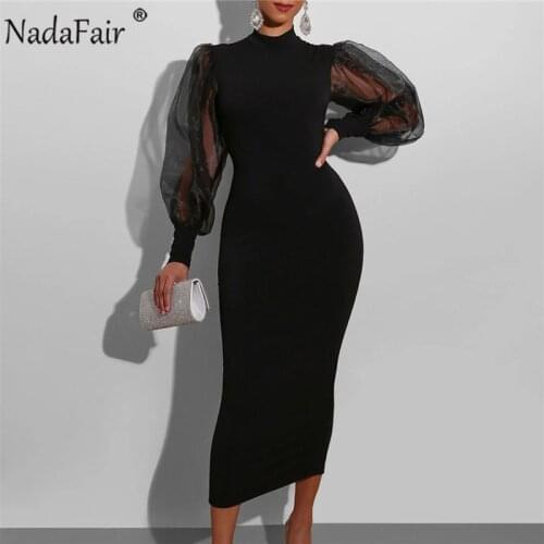 Nadafair Mesh Puff Sleeve Bodycon Maxi Dress Women High Neck Sexy Club Back Split Pencil Black Party Womens Dress Summer 2021