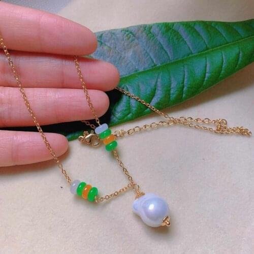 Natural white shell pearl Multicolor jade ring gold necklace Elegant Gem green temperament Point pink Stone Pendant Square