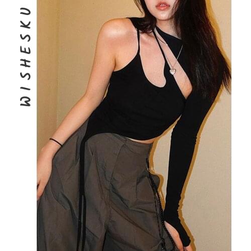 One Shoulder Long Sleeve Tshirt Women Sexy Halter Asymmetrical Slim Tops 90s E-girls Tees 2021 Summer Club Party Streetwear