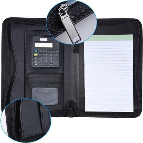Portable Professional Business Portfolio Padfolio Folder Document Case Organizer A5 PU Leather Zippered Closure with Calculator