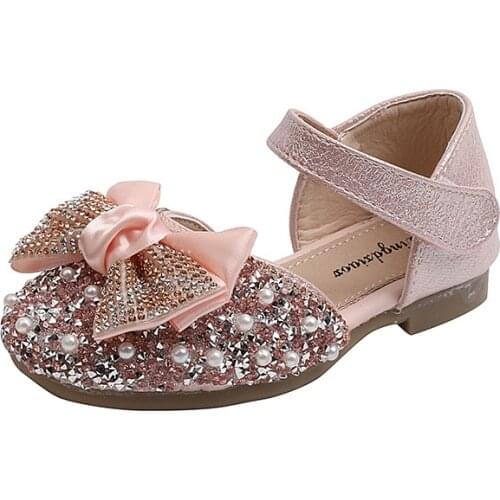 Girls Sandals 2021 Summer Pearl Bowknot Rhinestone Princess Shoes Soft Sole Flats Leather Shoes Sweet for Wedding Fashion Chic