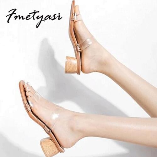 Transparent Band Sandals Women Mid Heel Thick Elegant Sandals for Ladies Round Toe Slides Wood Heel Fashion Sandals Summer