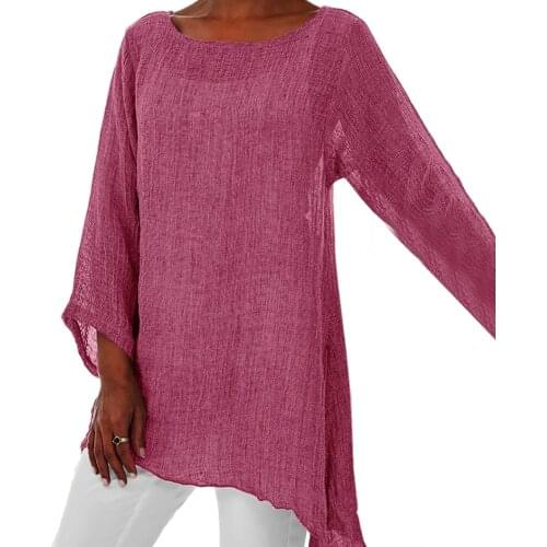Top mujer Summer Loose Plus Size Shirt women tops Solid Linen O-Neck Long Sleeve Irregular Tunic Top T-Shirt женские блузки