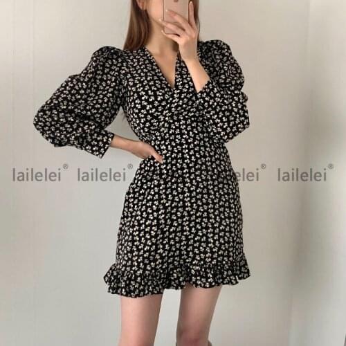 South Korea chic early spring flower v-neck dress