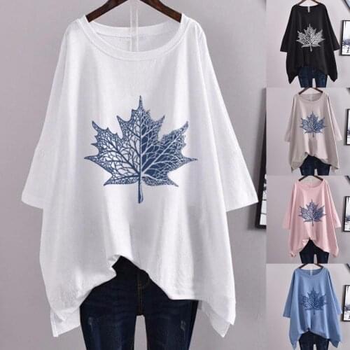 Women T-shirt Casual Short Sleeve Leaf Print O Neck Irregular Hem Mid-length Loose for Summer