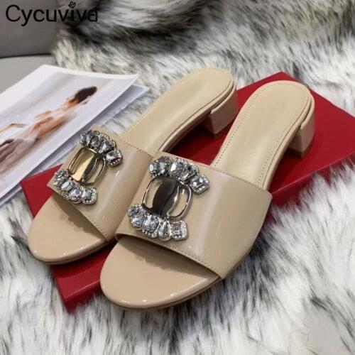 Runway Crystal Block Heels Women Summer Slippers Real Leather Open Toe Party Dress Shoes Designer Slides Rhinestone Sandals 2021