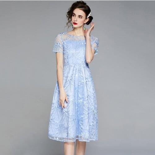 Women Mesh Embroidery Dress Korean O Neck Long Sleeve A-line Dress Summer 2021 New High Quality Elegant Party Dress