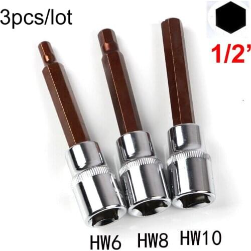3pcs 100mm long 1/2 Inch Drive Hex Bit Sockets Set HW6 HW8 HW10 Metric Screwdriver Bit Sockets Hand Tools Socket Joint Hexagonal