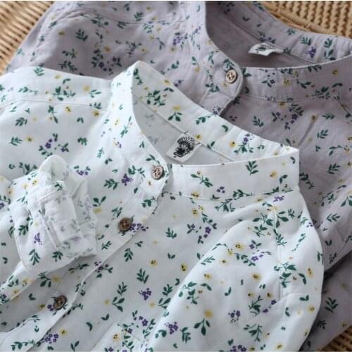 Spring Fashion Women Blouses Stand-Up Collar Printed Small Fresh Long-Sleeve Shirt Floral Cotton Gauze Base Shirt