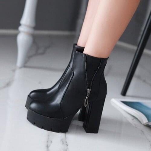 PXELENA Retro Rome Punk Chunky Block High Heels Ankle Boots Female Zipper Thick Platform Gothic Motorcycle Boots Women