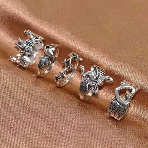 Gothic Vintage Angel Butterfly Ring Set for Women Punk Retro Metal Silver Color Skull Mushroom Charms Finger Rings Jewelry Gift