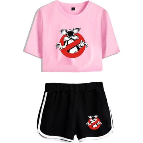 Stranger Things Navel Tshirt Two Piece Set Summer Hot Sexy Top+Pants Suit Girls Sets Stranger Things Two Piece Set+Short Pants