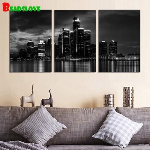 Beautiful Detroit Skyline Black White Night diamond painting full square round drill diamond embroidery 5d mosaic needlework