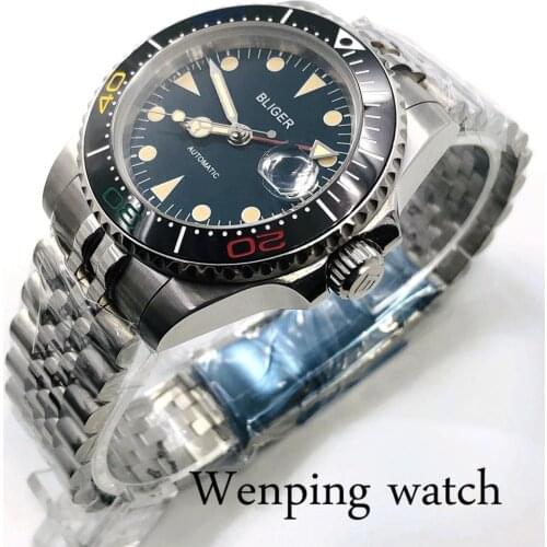 Bliger 2020 new 40mm GMT mens top watch silver case sapphire glass date ceramic bezel luminous mens automatic watch luxury gift