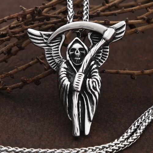 Gothic Grim Reaper Scythe Skull Pendant Necklace Mens Punk Stainless Steel Reaper Scythe Biker Necklace Male Jewelry Gift